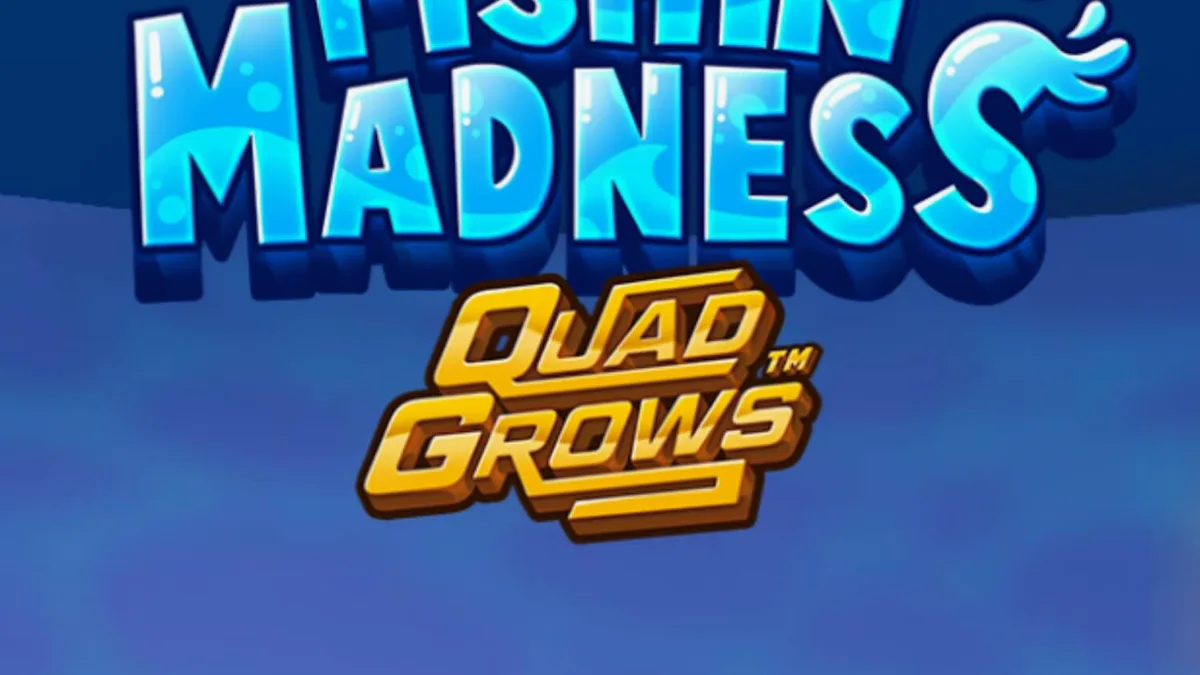 Pemandangan bawah laut yang penuh warna dengan simbol ikan dan ranjau laut di slot Fishin’ Madness Quadgrows